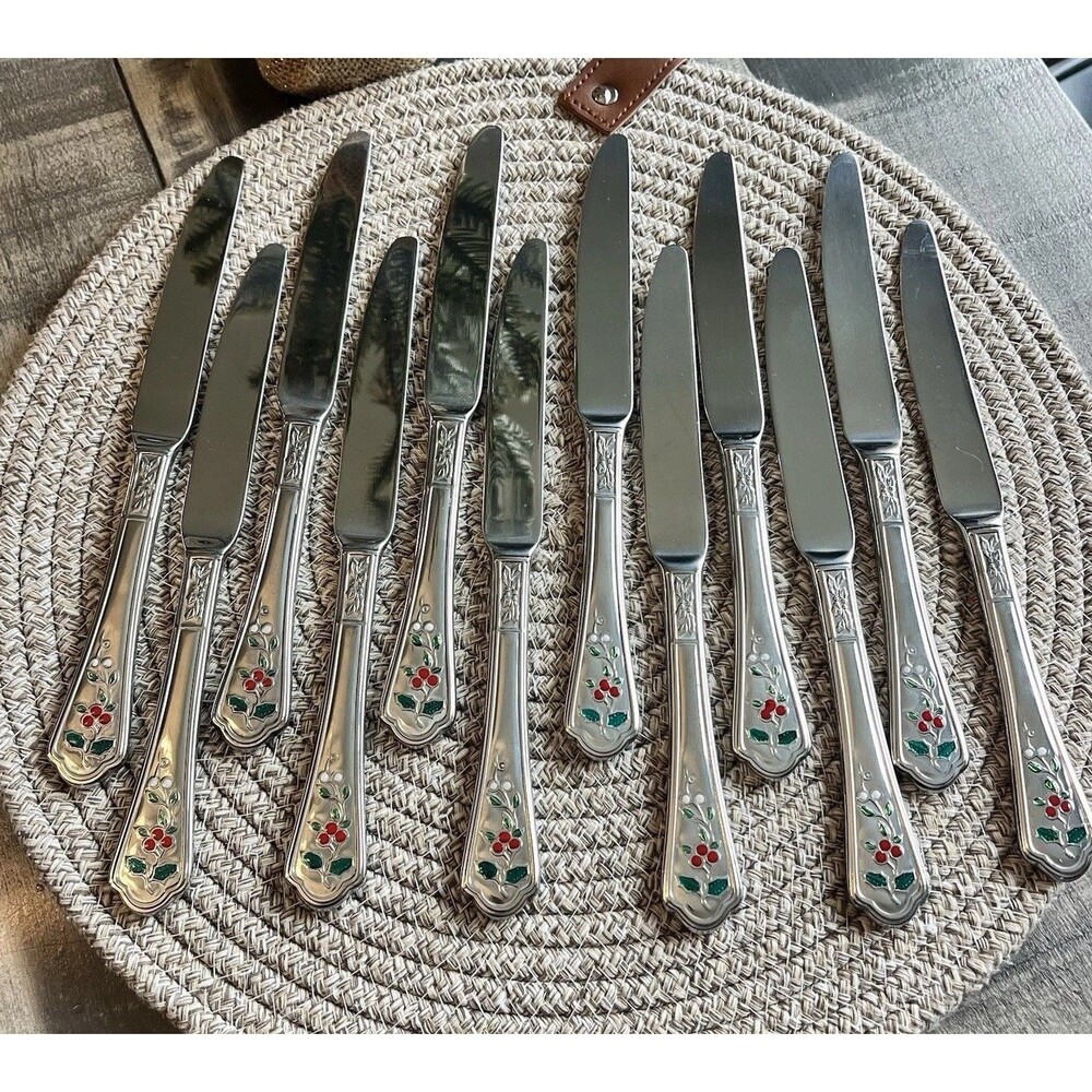 Vtg Pfaltzgraff WINTERBERRY Holly Stainless Glossy Enamel Flatware Knives-12 New